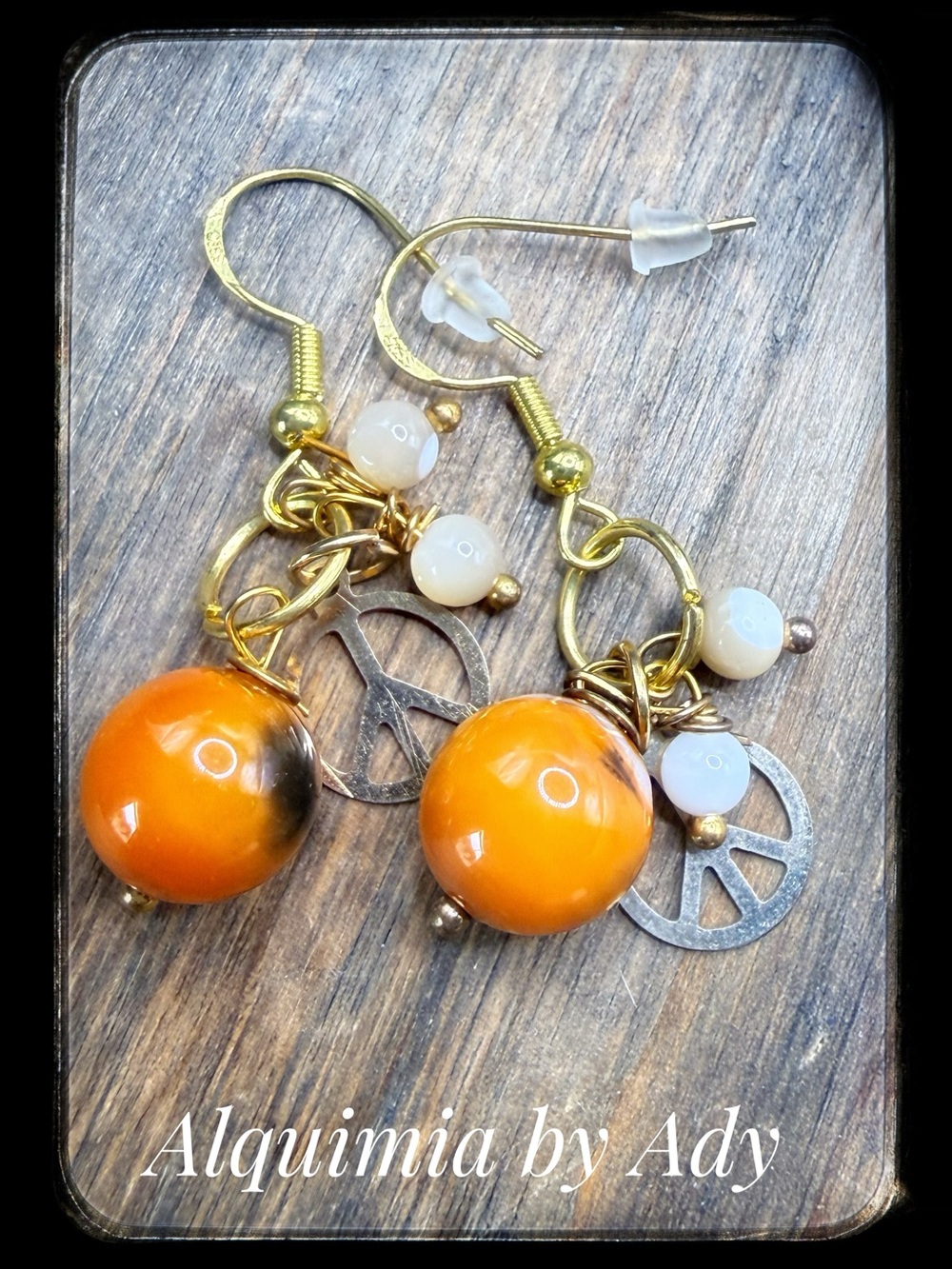 Agate Orange Bead Peace Sign Dangle Earrings